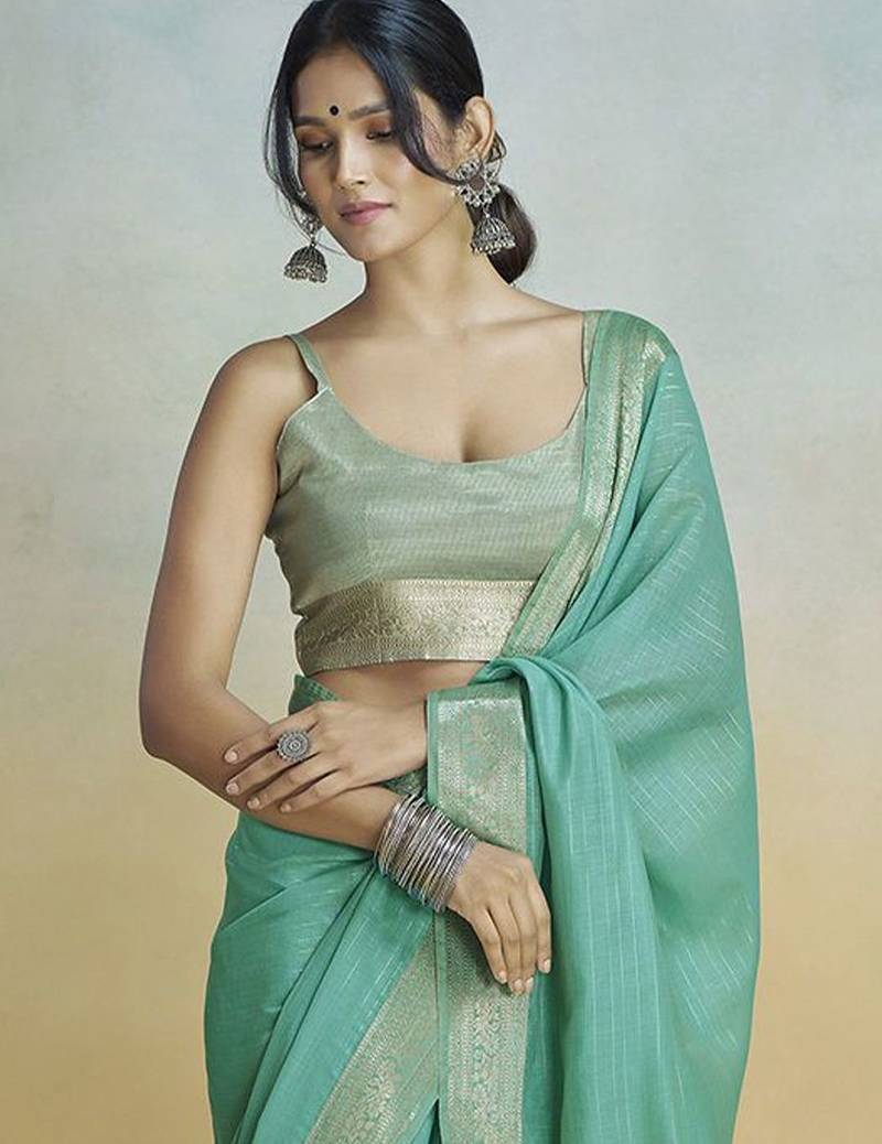 turquoise woven design zari saree