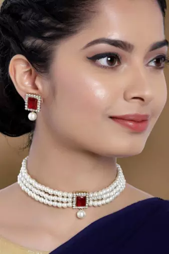 white & maroon gold-plated stone studded handcrafted jewellery set