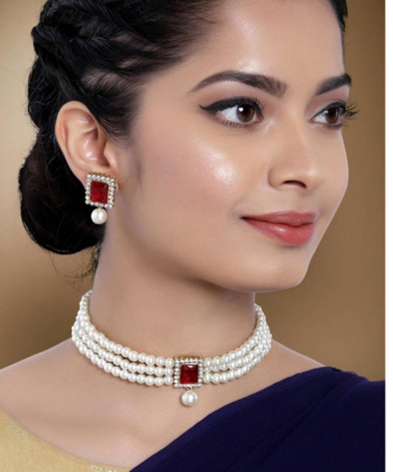white & maroon gold-plated stone studded handcrafted jewellery set