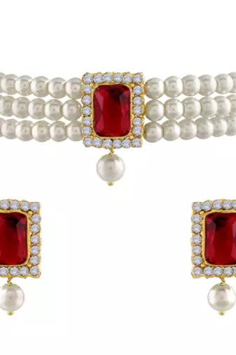 white & maroon gold-plated stone studded handcrafted jewellery set