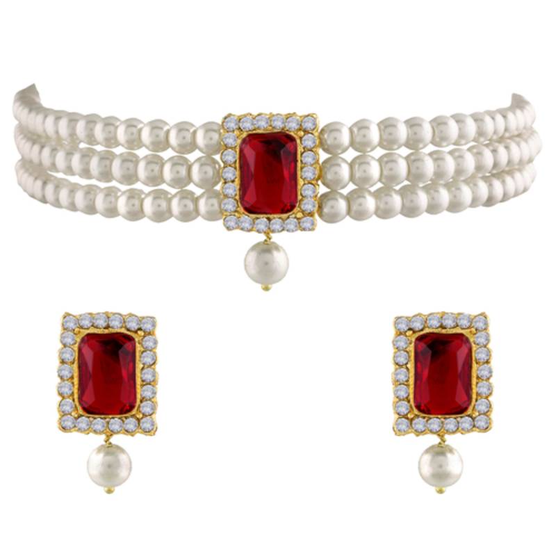 white & maroon gold-plated stone studded handcrafted jewellery set