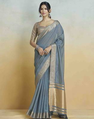 blue woven design zari khadi saree 1