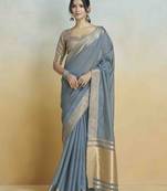 blue woven design zari khadi saree