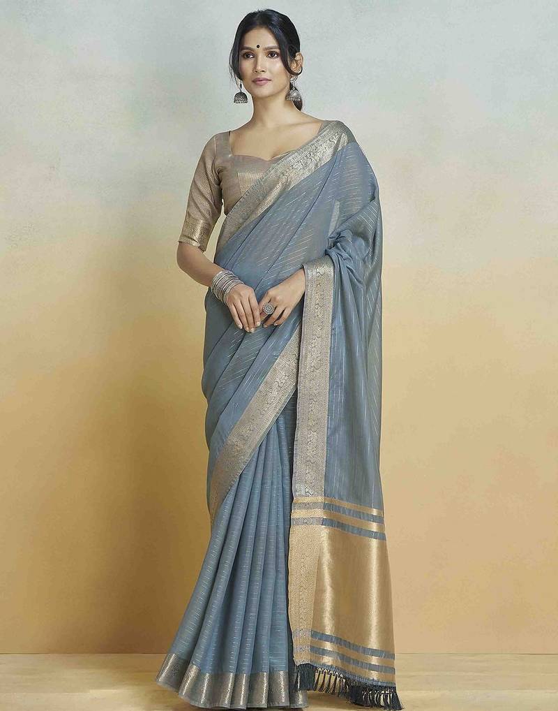 blue woven design zari khadi saree