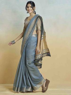 blue woven design zari khadi saree 2