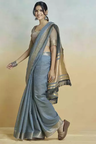 blue woven design zari khadi saree