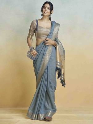 blue woven design zari khadi saree 3