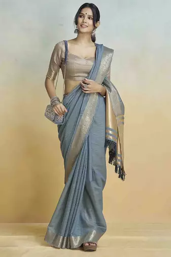 blue woven design zari khadi saree