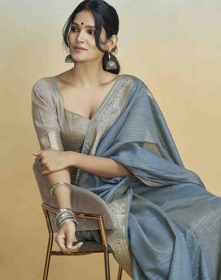 blue woven design zari khadi saree 4