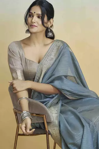 blue woven design zari khadi saree