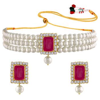 white & magenta gold-plated crystal handcrafted beaded jewellery set 1