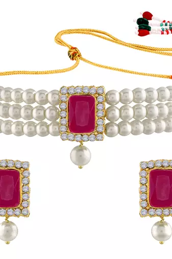 white & magenta gold-plated crystal handcrafted beaded jewellery set