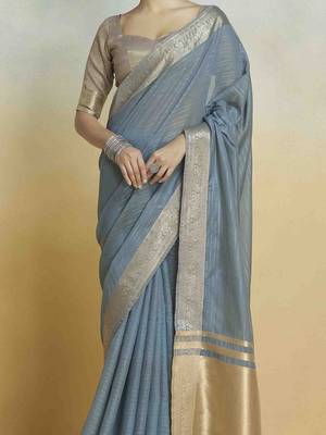 blue woven design zari khadi saree 5