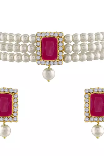 white & magenta gold-plated crystal handcrafted beaded jewellery set