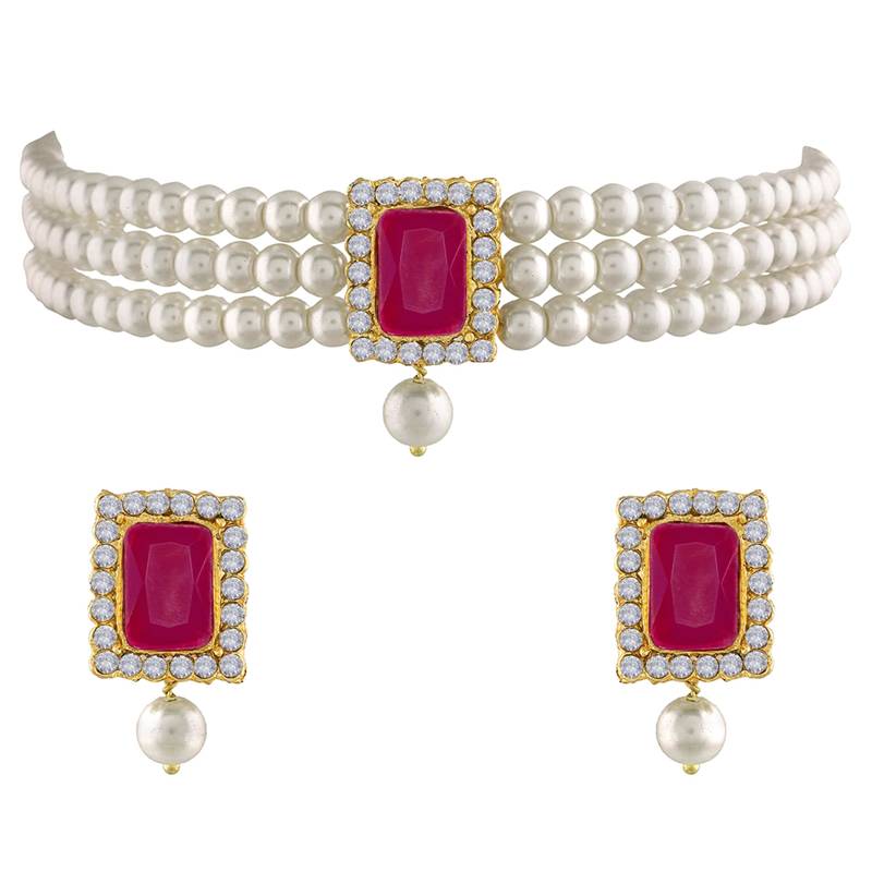 white & magenta gold-plated crystal handcrafted beaded jewellery set