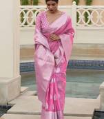 pink pink silver-toned woven design poly linen banarasi saree