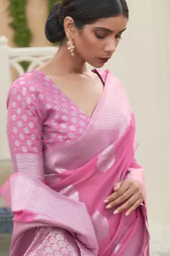 pink pink silver-toned woven design poly linen banarasi saree