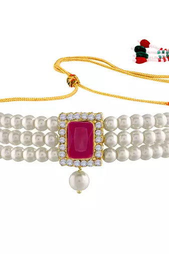 white & magenta gold-plated crystal handcrafted beaded jewellery set
