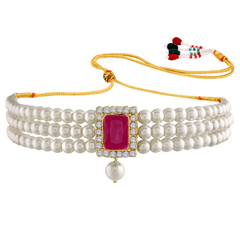 white & magenta gold-plated crystal handcrafted beaded jewellery set