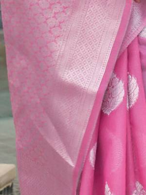 pink pink silver-toned woven design poly linen banarasi saree 3