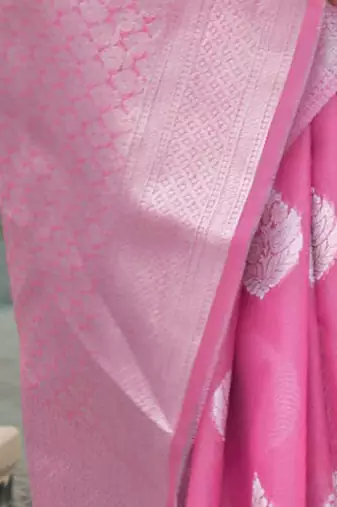 pink pink silver-toned woven design poly linen banarasi saree