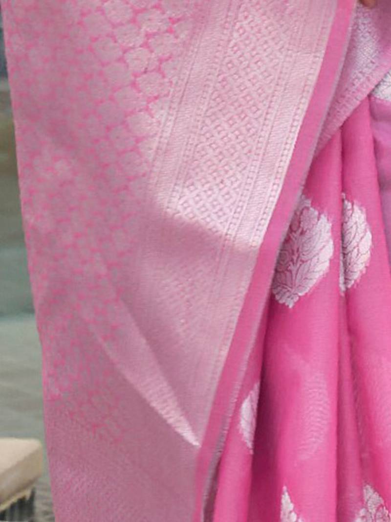 pink pink silver-toned woven design poly linen banarasi saree