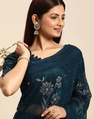 teal teal floral sequinned silk chiffon saree 1