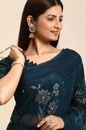teal teal floral sequinned silk chiffon saree