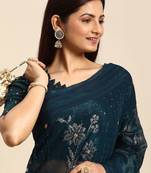 teal teal floral sequinned silk chiffon saree