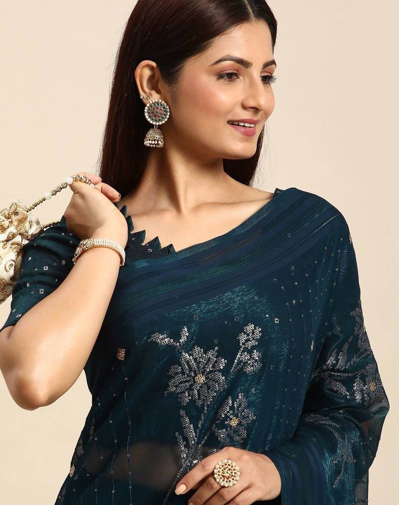 teal teal floral sequinned silk chiffon saree