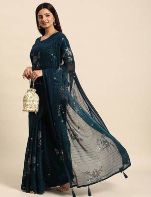 teal teal floral sequinned silk chiffon saree 2