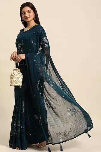 teal teal floral sequinned silk chiffon saree