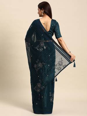 teal teal floral sequinned silk chiffon saree 3