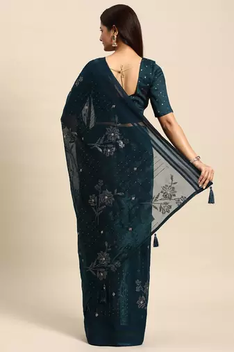 teal teal floral sequinned silk chiffon saree