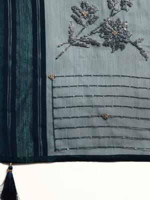 teal teal floral sequinned silk chiffon saree 5