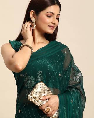 teal floral zari sequinned silk chiffon saree 1