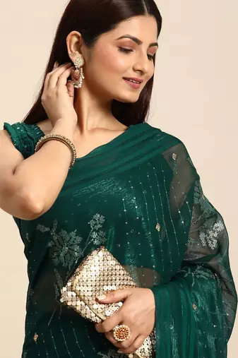 teal floral zari sequinned silk chiffon saree