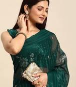 teal floral zari sequinned silk chiffon saree