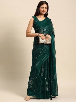 teal floral zari sequinned silk chiffon saree 2