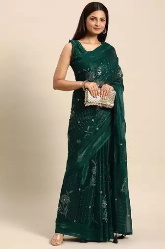 teal floral zari sequinned silk chiffon saree