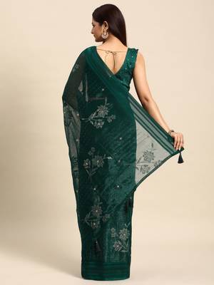 teal floral zari sequinned silk chiffon saree 3