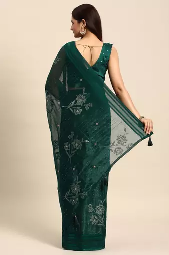 teal floral zari sequinned silk chiffon saree