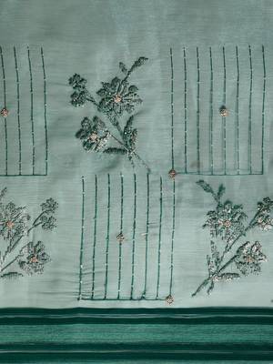 teal floral zari sequinned silk chiffon saree 4