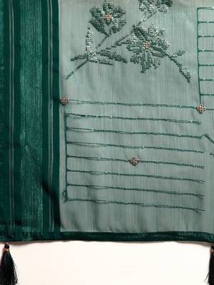 teal floral zari sequinned silk chiffon saree 5