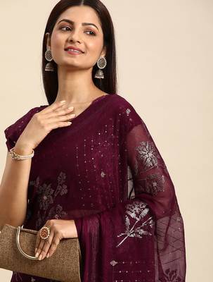 maroon floral sequinned silk chiffon saree 1