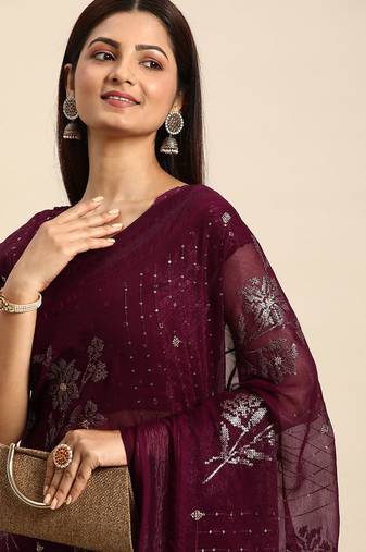 maroon floral sequinned silk chiffon saree