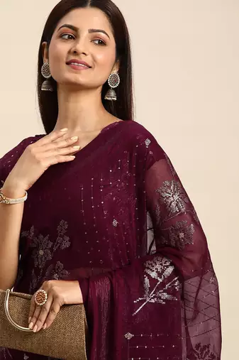 maroon floral sequinned silk chiffon saree