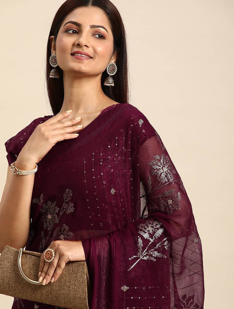 maroon floral sequinned silk chiffon saree