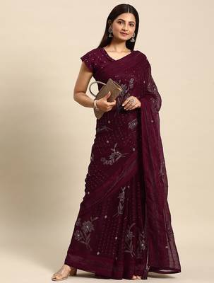maroon floral sequinned silk chiffon saree 2