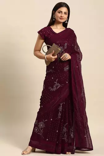 maroon floral sequinned silk chiffon saree